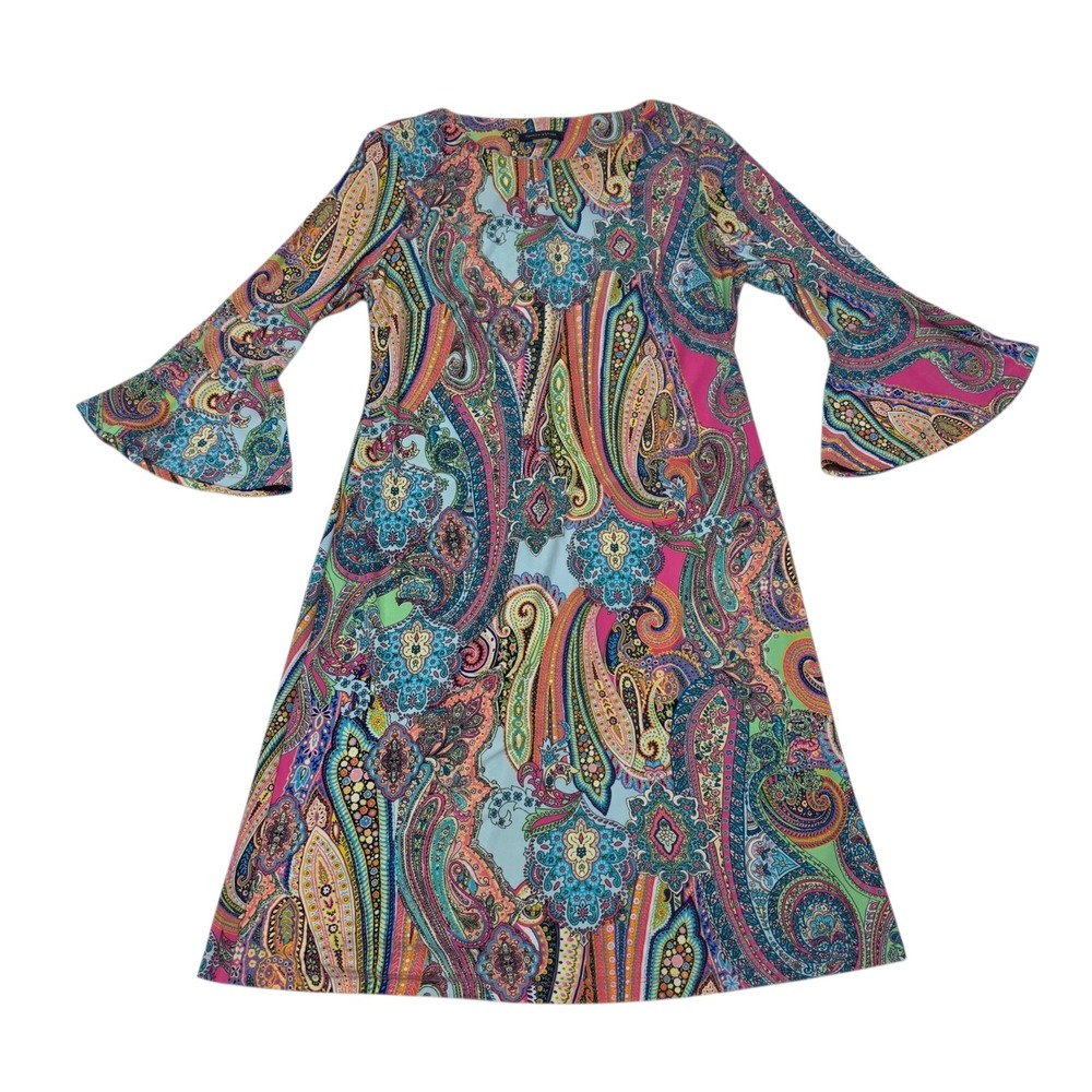 Tommy Hilfiger Dress Womens 10 Multi Color Paisley‎ Bell Sleeve Shift Mini